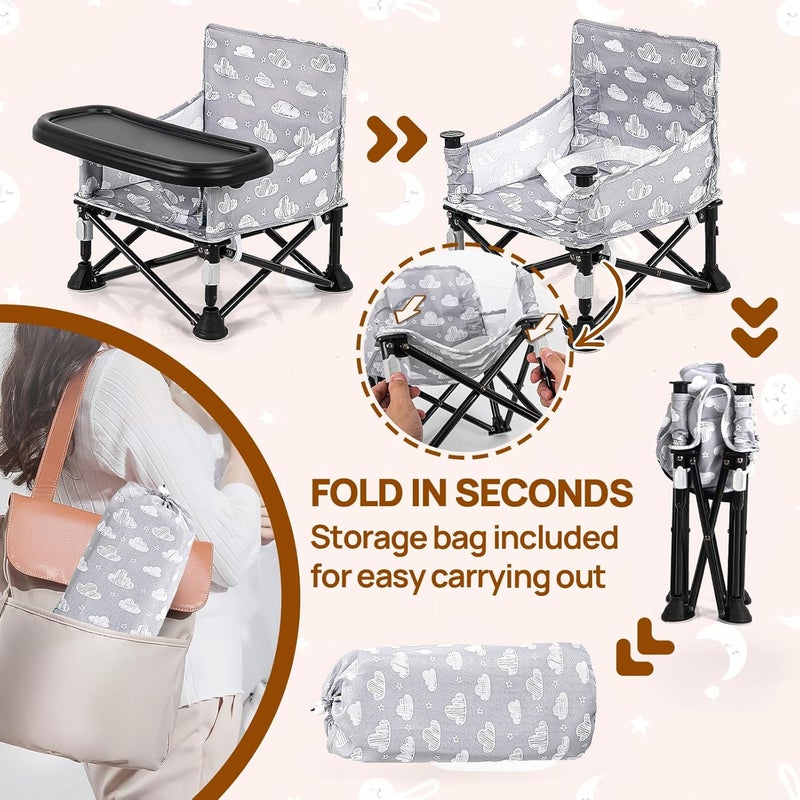 AskCat Toddler Booster Seat for Kitchen Chair & Travel - Portable Foldable with Removable Tray, Baby Camping Chair 6-36 Months Indoor Outdoor (White Cloud Design) - Image 4